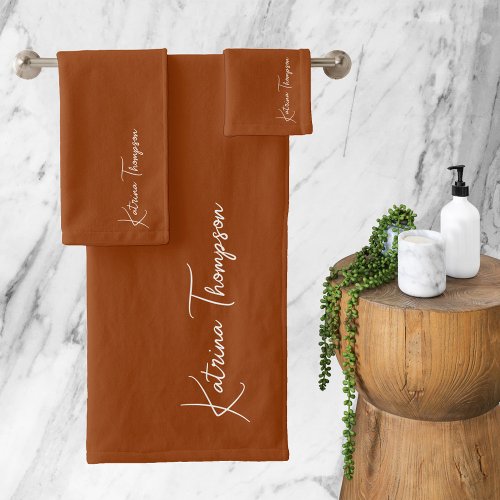 Terracotta Modern Signature Script Monogram  Bath Towel Set