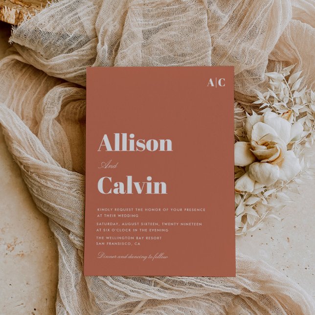 terracotta modern text wedding invitation (Creator Uploaded)