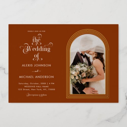 Terracotta Modern Typography Gold Arch Retro Style Foil Invitation