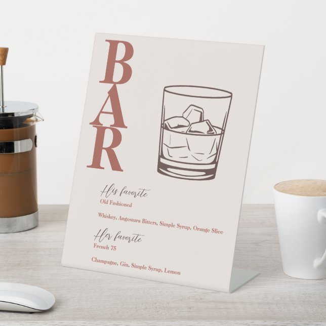 Terracotta Modern Wedding Bar Drink Pedestal Sign (In SItu)