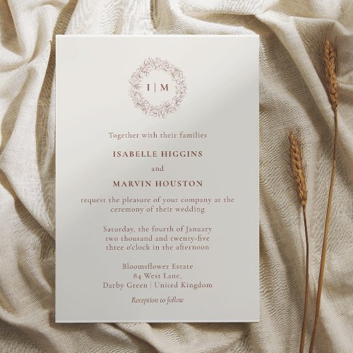 Terracotta Modern Wreath Monogram Classic Invite