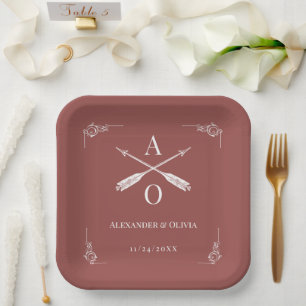 Terracotta Monogram and Arrows Wedding Paper Plates