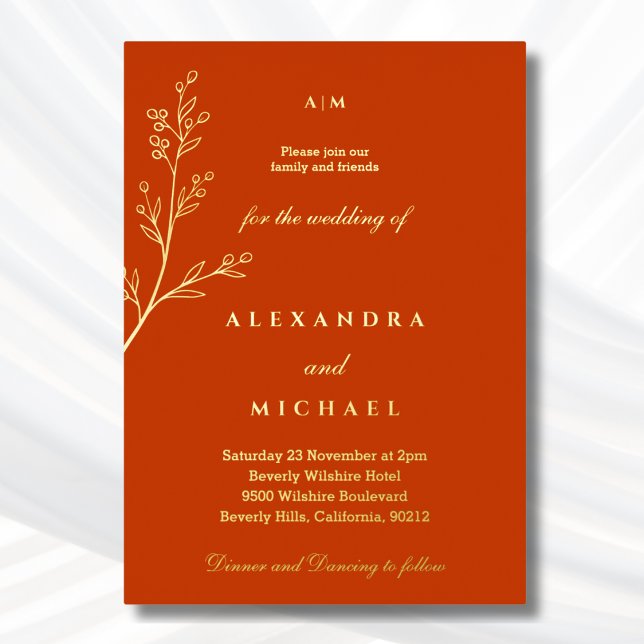 Terracotta Monogram Botanical Minimalist Gold Foil Invitation (Creator Uploaded)