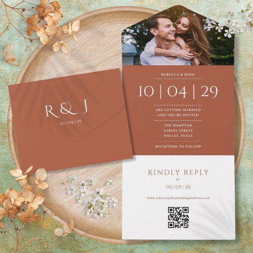 Terracotta Monogram QR Code Photo Wedding Date All In One Invitation