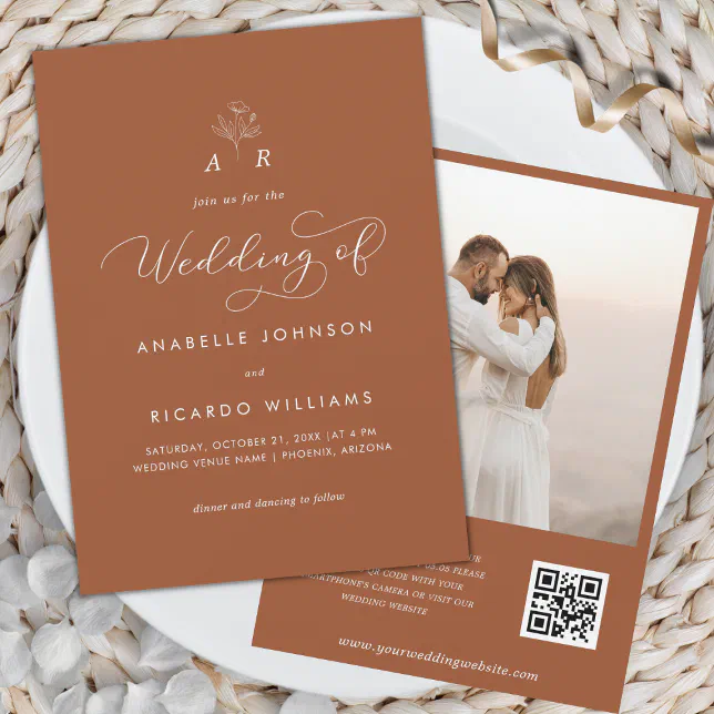 Terracotta Monogram Script Photo QR Code Wedding Invitation | Zazzle
