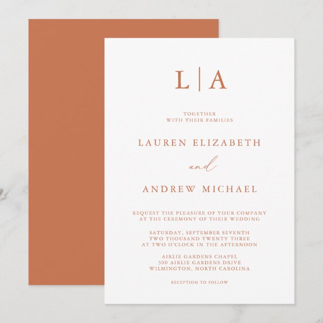 Terracotta Monogram Simple Minimalist Wedding Invitation (Front/Back)