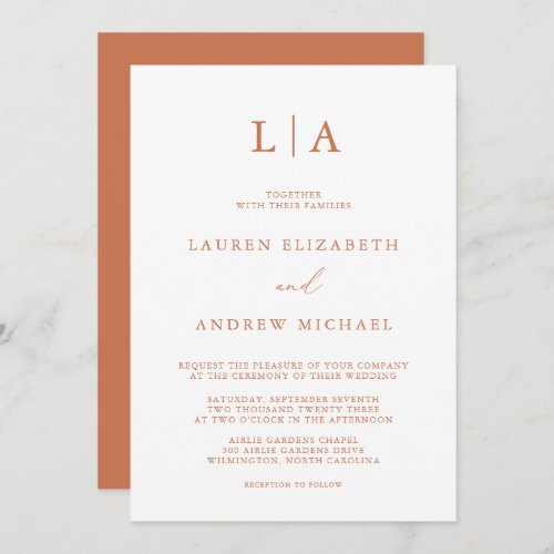 Terracotta Monogram Simple Minimalist Wedding Invitation