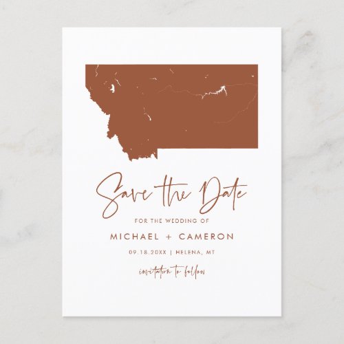 Terracotta Montana Map Modern Script Save the Date Announcement Postcard