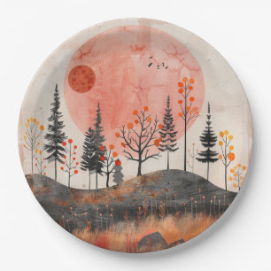 Terracotta Moon Copper Autumn Folk Forest Art Paper Plates
