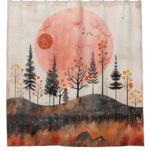 Terracotta Moon Copper Autumn Folk Forest Art Shower Curtain