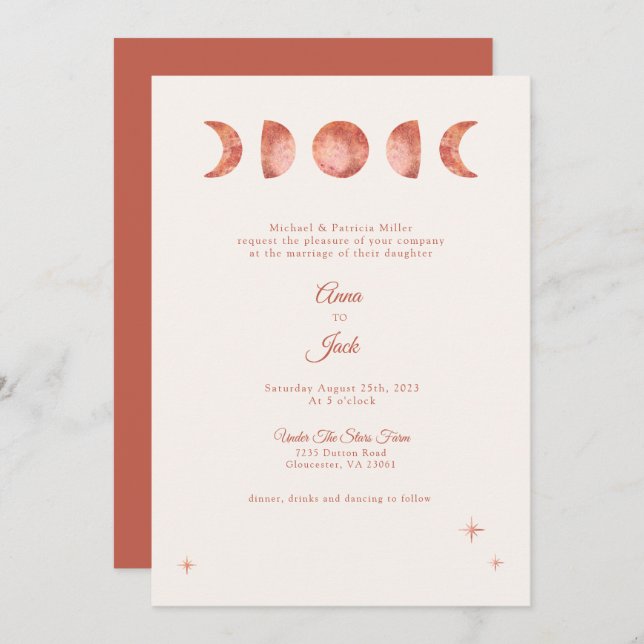 Terracotta Moon Phase Wedding Invitation – Boho (Front/Back)
