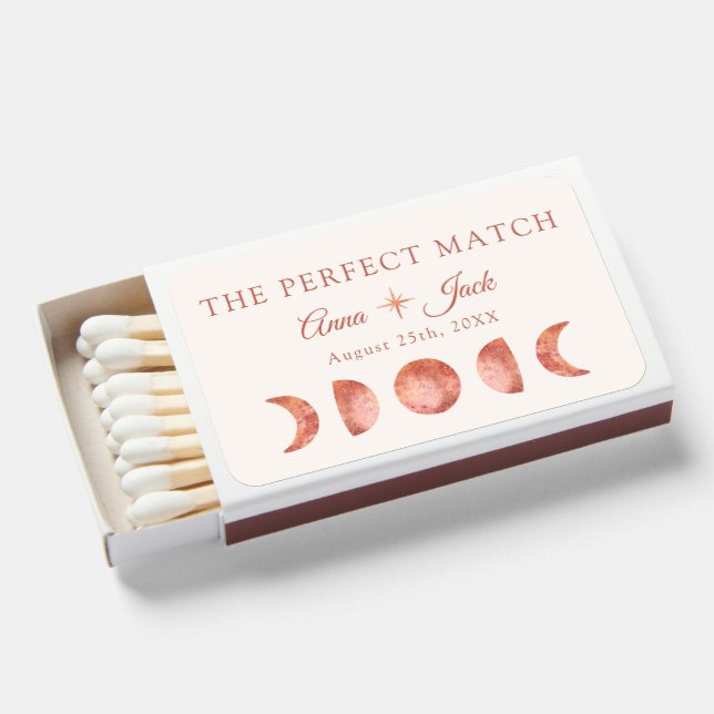 Terracotta Moon Phase Wedding Matchbox Favor Matchboxes (Front Open)