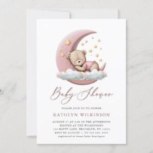 Terracotta Moon Pink Teddy Bear Girl Baby Shower Invitation