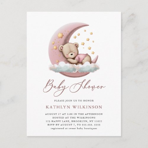 Terracotta Moon Pink Teddy Bear Girl Baby Shower Invitation Postcard