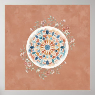 Terracotta Moroccan Mosaic Floral Mandala Poster