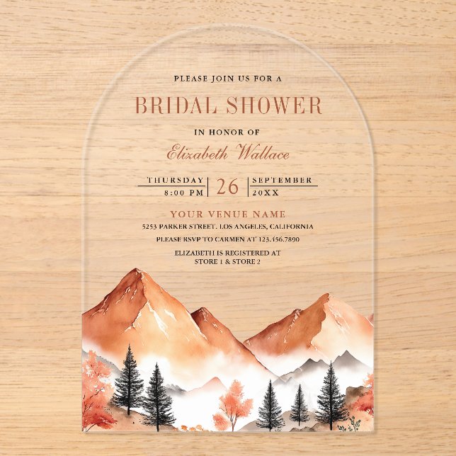 Terracotta Mountain Bridal Shower Acrylic Invitations (Front)