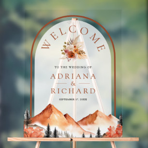 Terracotta Mountain Forest Arch Wedding Welcome Acrylic Sign