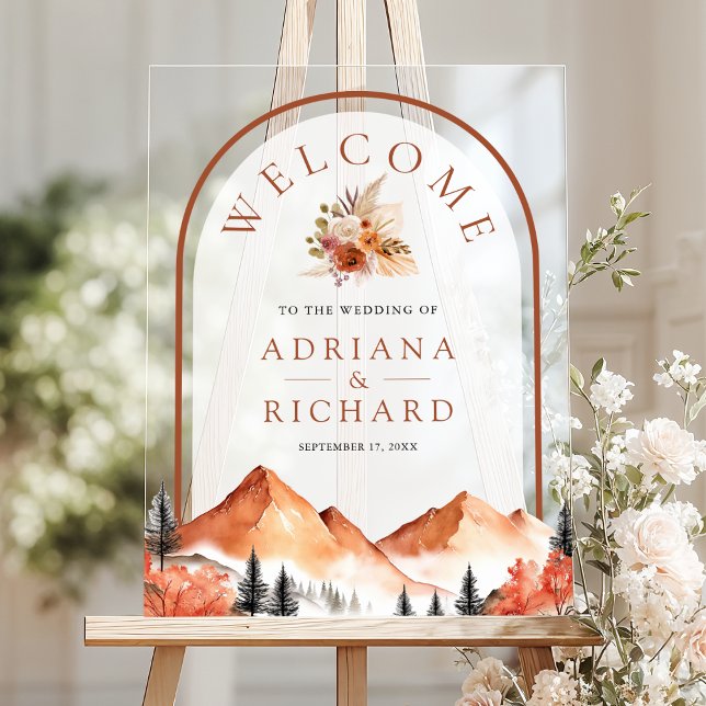 Terracotta Mountain Forest Arch Wedding Welcome Acrylic Sign (Creator Uploaded)