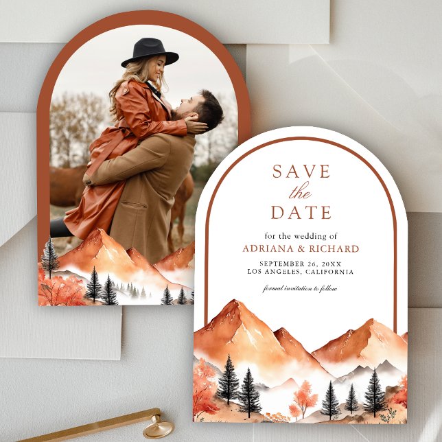 Terracotta Mountain Forest Photo Arch Wedding Save The Date (Creator Uploaded)