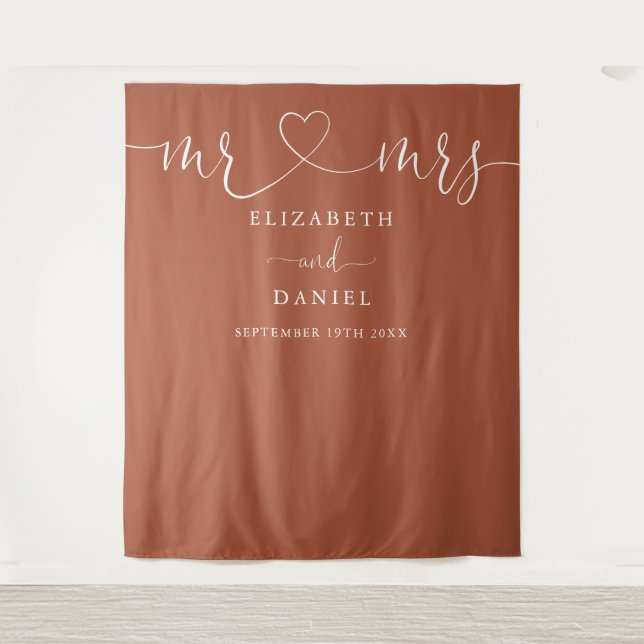 Terracotta Mr And Mrs Heart Script Wedding Tapestry (Front)