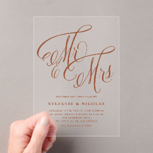 Terracotta Mr and Mrs Rustic Calligraphy Wedding Acrylic Invitations