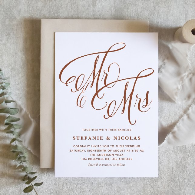 Terracotta Mr and Mrs Rustic Calligraphy Wedding Invitation (Terracotta Mr and Mrs Rustic Calligraphy Wedding Invitation)