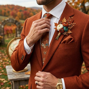 Terracotta Multi Floral Bouquet Diamond Pattern Neck Tie