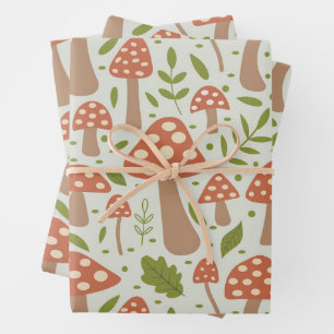 Terracotta Mushrooms with Green Leaves Wrapping Paper Sheets