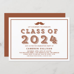Terracotta Mustache Class of 2024 Retro Graduation Invitation
