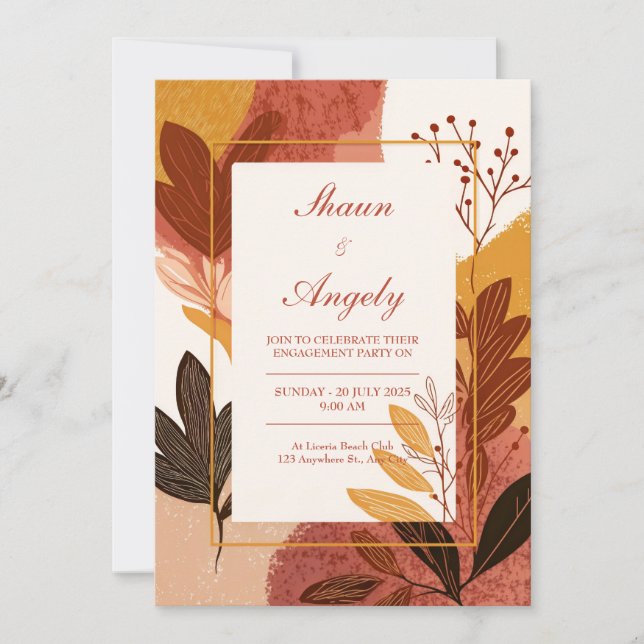 Terracotta Mustard Abstract Leaf Wedding Invitation (Front)