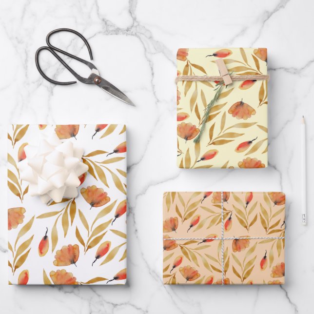 Terracotta Mustard Yellow Floral Wrapping Paper Sheets (Front)