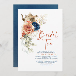 Terracotta Navy Blue Boho Bridal Shower Tea Party Invitation