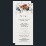 Terracotta Navy Blue  Botanical Wedding Menu Card<br><div class="desc">Elegant Navy blue,  Terracotta ,  Orange earthy floral theme wedding Invitation featuring elegant bouquet of Navy blue,  Terracotta color roses peonies  and eucalyptus leaves. Please contact me for any help in customization or if you need any other product with this design.</div>