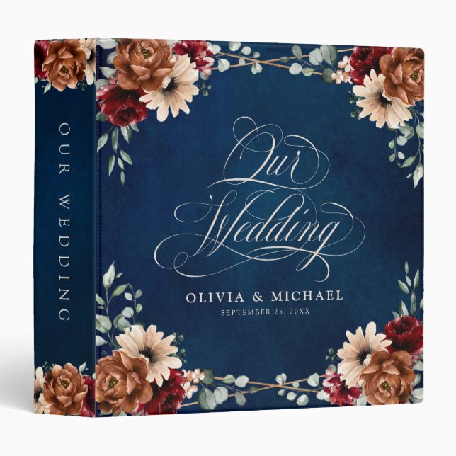 Terracotta Navy Blue Burgundy Geometric Wedding  3 Ring Binder (Front/Spine)