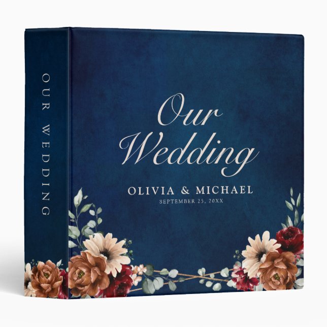 Terracotta Navy Blue Burgundy Geometric Wedding  3 Ring Binder (Front/Spine)