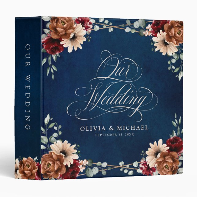 Terracotta Navy Blue Burgundy Geometric Wedding  3 Ring Binder (Front/Spine)