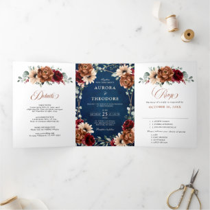 Terracotta Navy Blue Burgundy Geometric Wedding Tri-Fold Announcement