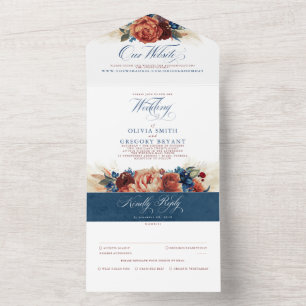 Terracotta Navy Blue Floral Boho Elegant Wedding All In One Invitation