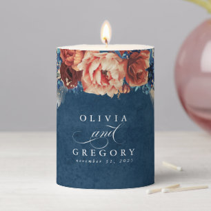 Terracotta Navy Blue Floral Boho Modern Wedding Pillar Candle