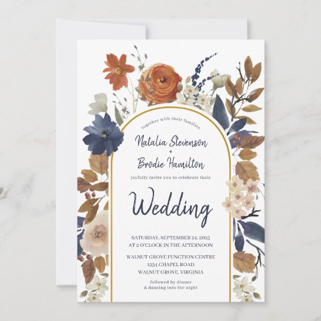 Terracotta Navy Blue Floral Boho Wedding Invitation (Front)