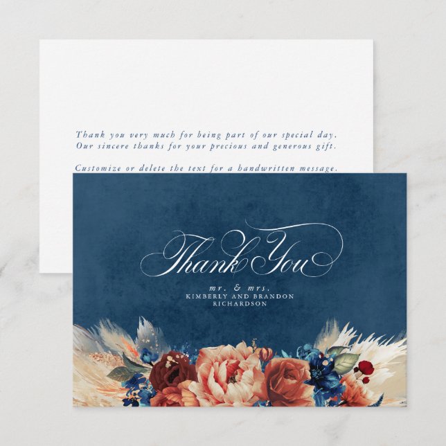 Terracotta Navy Blue Floral Boho Wedding Thank You (Front/Back)
