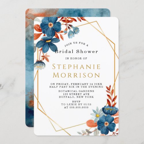 Terracotta Navy Blue Floral Bridal Shower Invitation