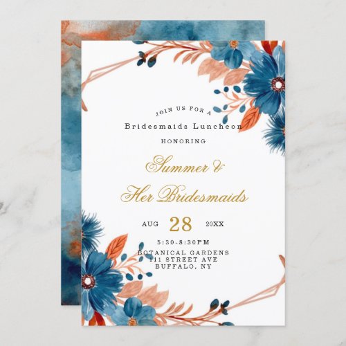 Terracotta Navy Blue Floral Bridesmaids Luncheon Invitation