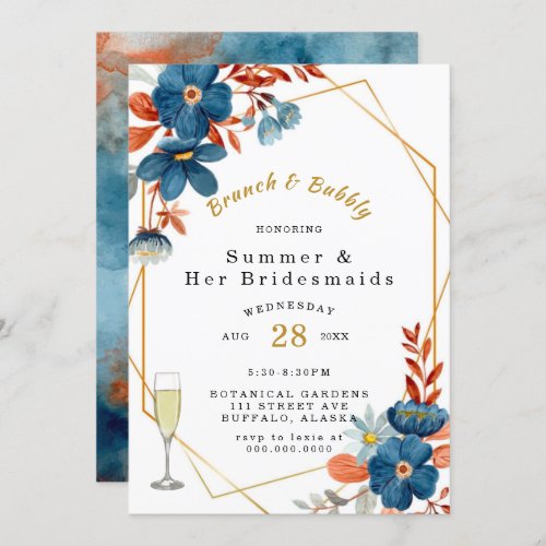 Terracotta Navy Blue Floral Brunch and Bubbly Invitation