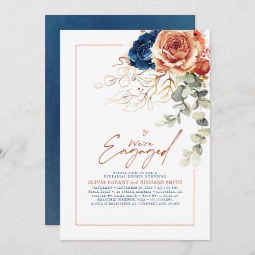 Terracotta  Navy Blue Floral Engagement Party Invitation