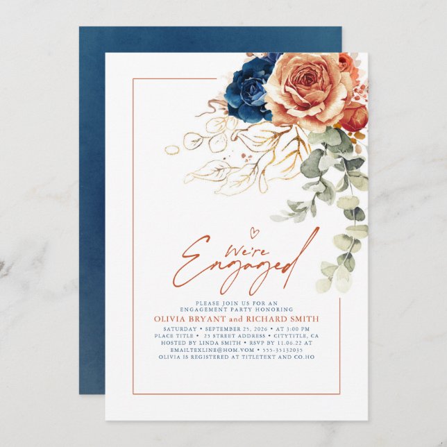 Terracotta & Navy Blue Floral Engagement Party Invitation (Front/Back)