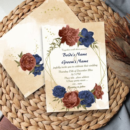 terracotta navy blue floral geometric wedding invitation