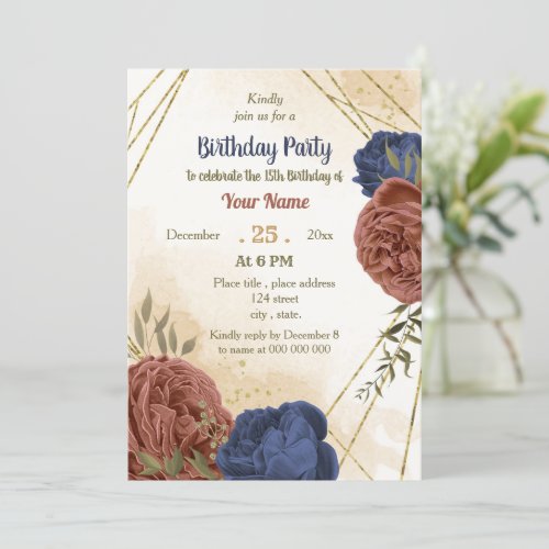 terracotta navy blue floral greenery birthday  invitation