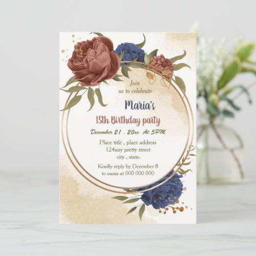 terracotta navy blue floral greenery birthday  invitation