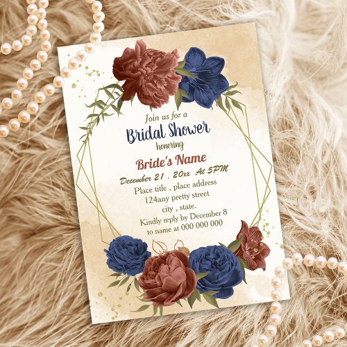 terracotta navy blue floral greenery bridal shower invitation